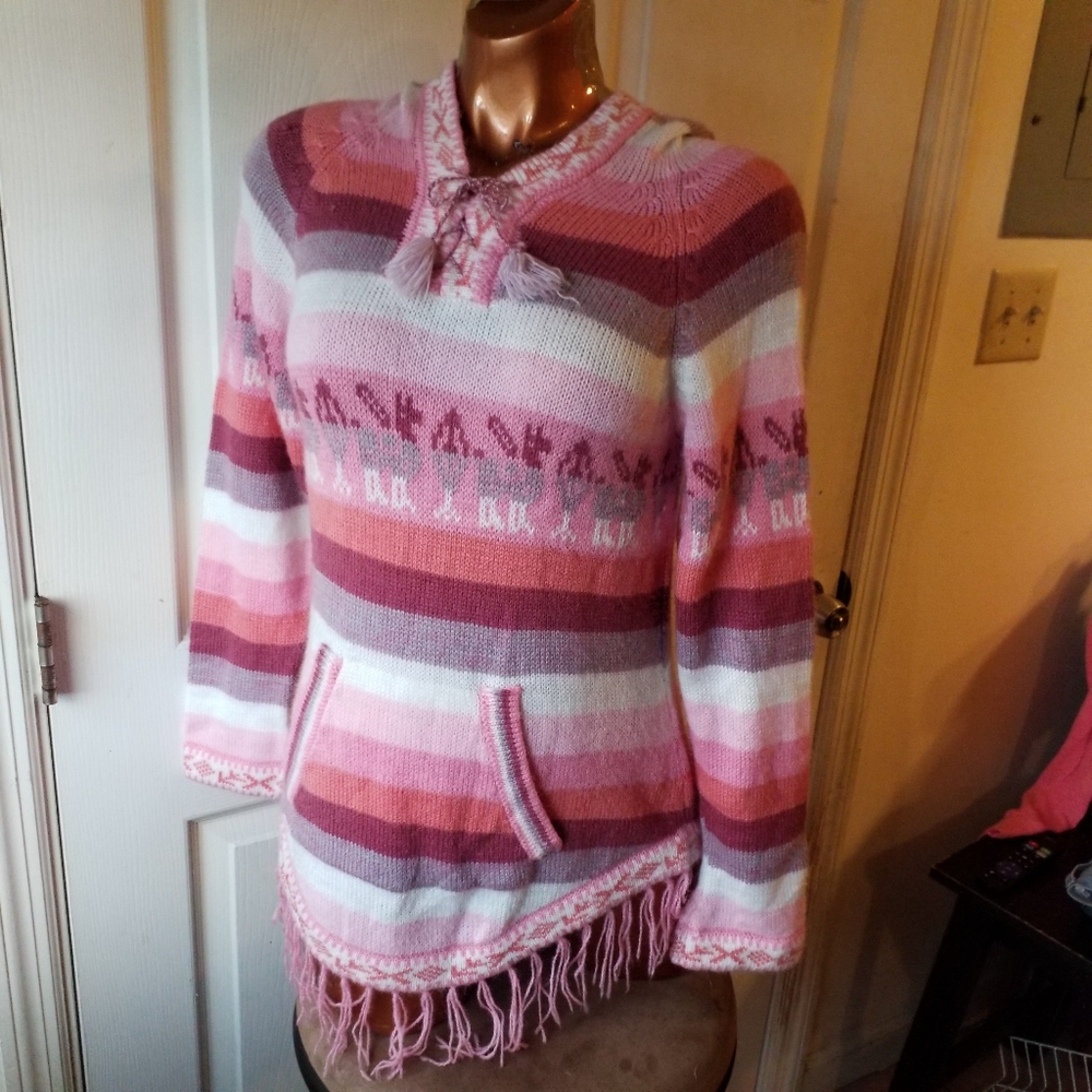 Vtg 100% Alpaca pink striped wool Peruvian hoodie sweater size S